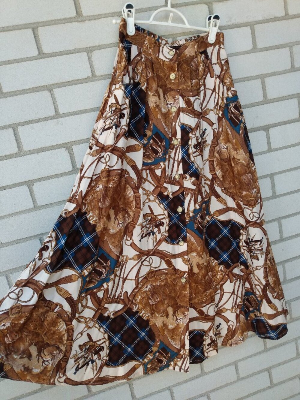 Vintage Equestrian Print Skirt Size XS Button Front Horse Deer Tartan Baroque